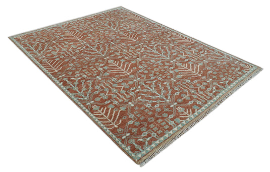 Turkish Floral Rust and Aqua Hand knotted 8x10 wool Area Rug