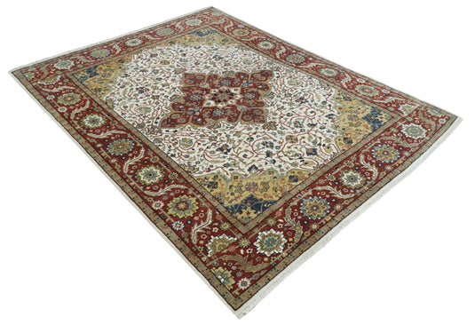 Premium look Hand knotted Ivory, Rust and Gold 8x10 Traditional Heriz Serapi wool Area Rug