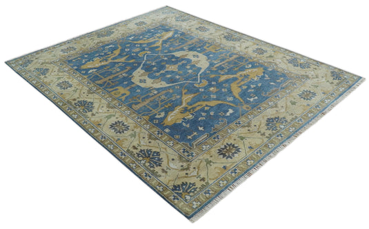 Traditional Oriental Oushak Hand knotted Blue and Beige 8x10 ft Bedroom, Living Room Rug ,wool Area Rug