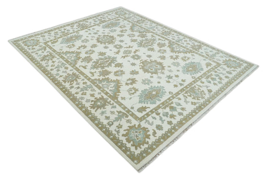 Traditional Persian Oushak Hand knotted Ivory, Beige and Aqua 8x10 wool Area Rug