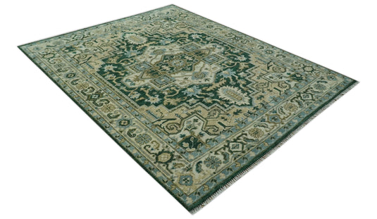 Custom Made Green, Beige And Ivory Traditional Heriz Hand Knotted Wool Area Rug