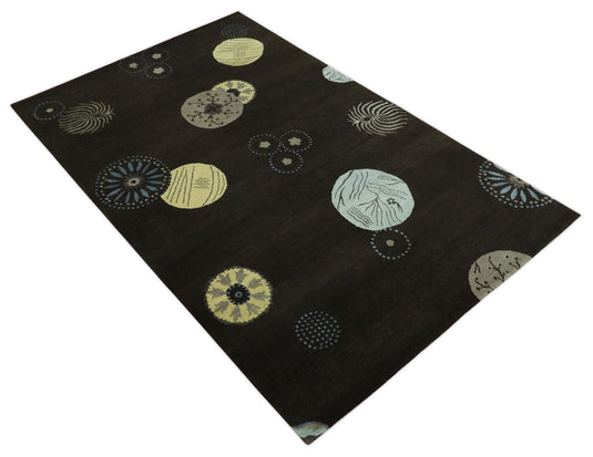 Modern Geometrical Pattern Handloom Dark Brown 5x8 ft Bedroom, Living Room Rug , Wool, Art Silk Area Rug AAOC1058