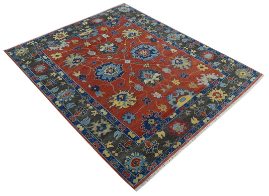 Hand Knotted Traditional Oushak Colorful Rug Rust, Blue and Charcoal 8x10 ft Ideal for Living, Bedroom, and Dining Rooms | CP1903810S