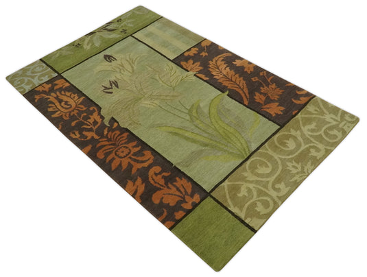 Traditional Leaf Block Print Design Brown, Green, Rust and Olive Handloomed 5x8 ft Bedroom, Living Room Rug Wool Area Rug