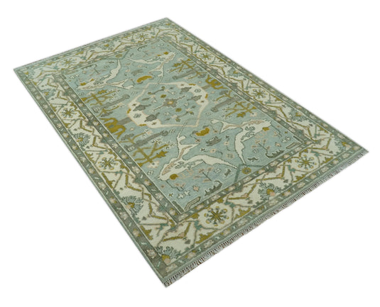Custom Made Hand Knotted Oriental Oushak Aqua, Olive, Gray And Ivory Wool Area Rug
