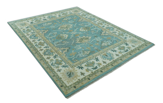 Custom Made Aqua, Beige, Gray And Ivory Traditional Oushak Hand Knotted Wool Area Rug