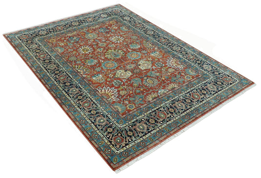 Hand Knotted Traditional Floral Rust, Blue, Black, Olive And Gold Wool Rug 8x10 ft Ideal for Living, Bedroom And Dining Rooms | CP2433810