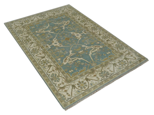 Hand Knotted Classic Oushak Teal, Beige And Ivory Wool Rug 6x9 ft Ideal for Living, Bedroom And Dining Rooms | CP235669