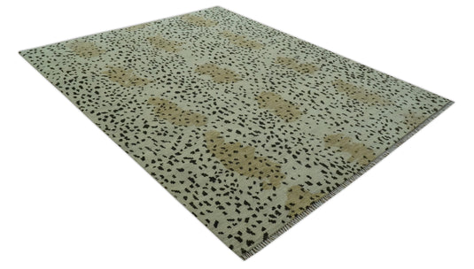 Leopard Print Ivory, Olive And Charcoal Hand Knotted 8x10 ft Wool Rug Ideal for Living, Bedroom And Dining Rooms