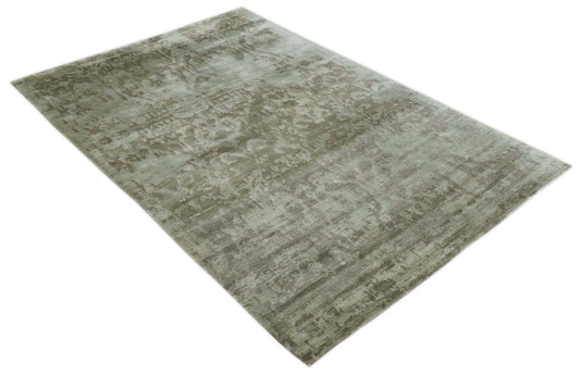 Modern Hand knotted Olive and Silver 6x9 ft Bedroom, Living Room Rug , Bamboo Silk Area Rug AAOC169