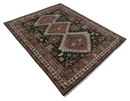 Rust, Black and Ivory Wool Traditional Antique Vintage Persian Hand knotted Area Rug