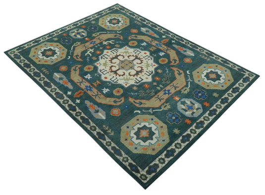 Central Medallion Teal, Beige, Olive And Blue Hand Knotted 8x10 ft wool Area Rug