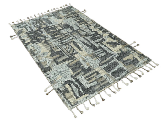 Modern Abstract Brown, Ivory, Beige and Charcoal Hand Knotted 5x8 ft Bedroom, Living Room Rug Wool Area Rug