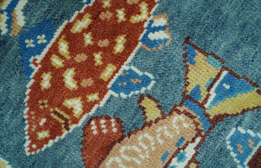 Fish Motif Teal, Brown And Beige Hand knotted Wool Rug 2x3 ft Ideal for Living, Bedroom And Dining Rooms