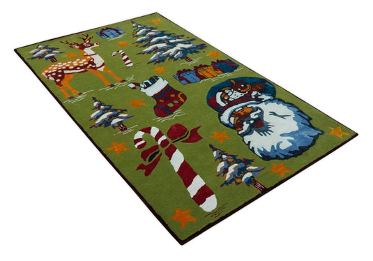 Colorful Christmas Theme Green, Gold, Blue, White And Red Hand Tufted 2x3 ft Bedroom, Kids Room Rug Wool Area Rug