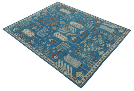 Tree Of Life Traditional Blue, Ivory, Gray and Rust Hand Knotted 8x10 ft wool Area Rug