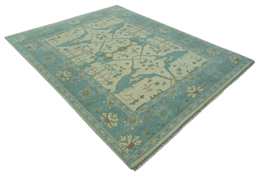 Custom Made Traditional Oushak Ivory, Aqua, And Gray Hand Knotted Wool Area Rug