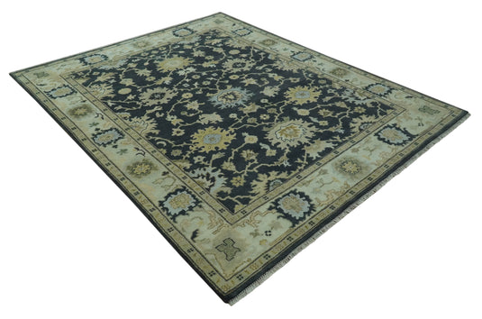 Custom Made Traditional Oushak Charcoal, Sage Green And Ivory Hand Knotted Wool Area Rug