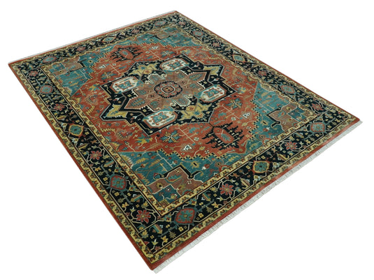 Hand Knotted Traditional Herati Teal, Black, Rust And Gold Wool Rug 8x10 ft Ideal for Living, Bedroom And Dining Rooms | CP2455810