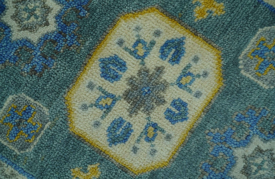 Octagonal Medallion Blue, Gold, Teal And Ivory Hand knotted Wool Rug 2x3 ft Ideal for Living, Bedroom And Dining Rooms