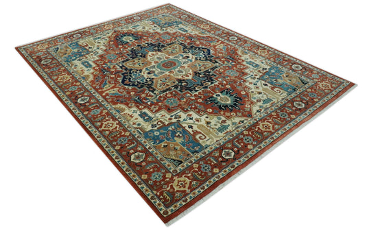 Hand Knotted Rust, Ivory And Teal Traditional Heriz Wool Rug 8x10 ft Ideal for Living, Bedroom And Dining Rooms