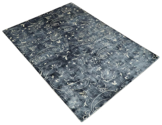 Charcoal, Ivory And Silver Handloom 5.6x8 ft Bedroom, Living Room Rug Wool And Viscose Area Rug