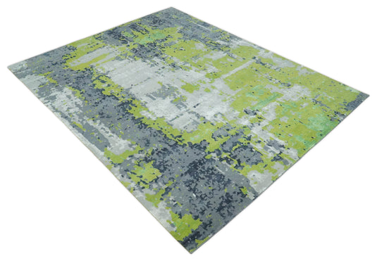 Modern Abstract Green, Ivory, Gray And Charcoal Hand Knotted 8x10 ft Bedroom, Living Room Rug Wool Area Rug