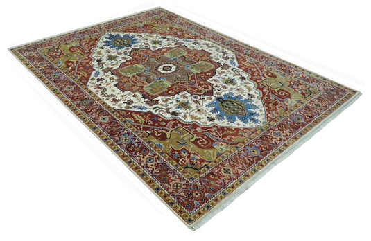 Hand Knotted Traditional Heriz Rust, Ivory, Blue, Green And Beige Wool Rug 9x12 ft Ideal for Living, Bedroom And Dining Rooms | CP2436912