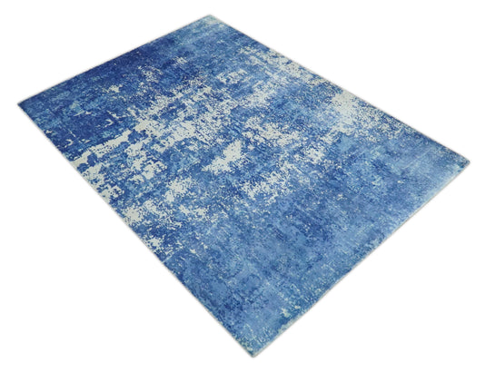 Modern Abstract Blue And Ivory Handloom 5.6x8 ft Bedroom, Living Room Rug Wool And Viscose Area Rug