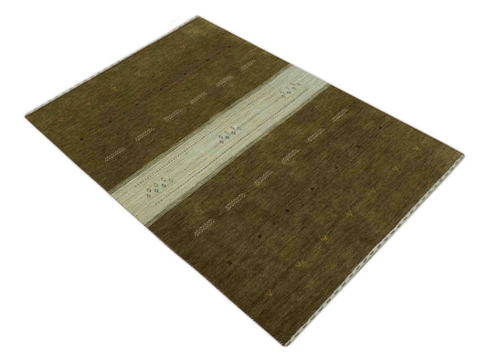 Lori Ivory And Green Handloomed 4.6x6.6 ft Bedroom, Living Room Rug Wool Area Rug
