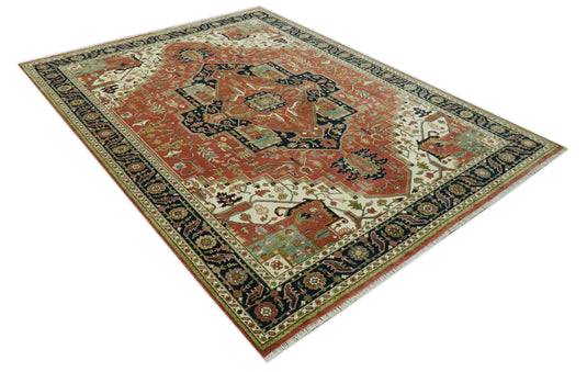 Hand Knotted Rust, Cream, And Black Heriz Serapi Wool Rug 9X12 ft Ideal for Living, Bedroom And Dining Rooms | CP2445912