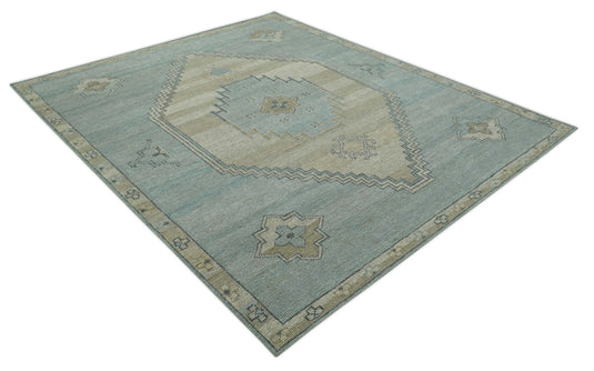 Custom Made Blue and Beige Traditional Turkish Design Hand Knotted Wool Area Rug