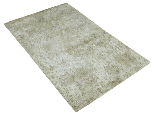 Modern Abstract Olive Green, Ivory And Charcoal Handloom 5x8 ft Bedroom, Living Room Rug Wool And Viscose Area Rug
