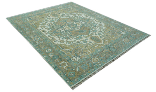 Custom Made Traditional Heriz Beige, Blue And Ivory Hand Knotted Wool Rug Wool Area Rug