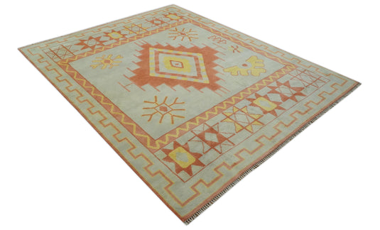 Southwestern Peach, Silver And Yellow Hand knotted Wool Rug 8x10 ft Ideal for Living, Bedroom And Dining Rooms