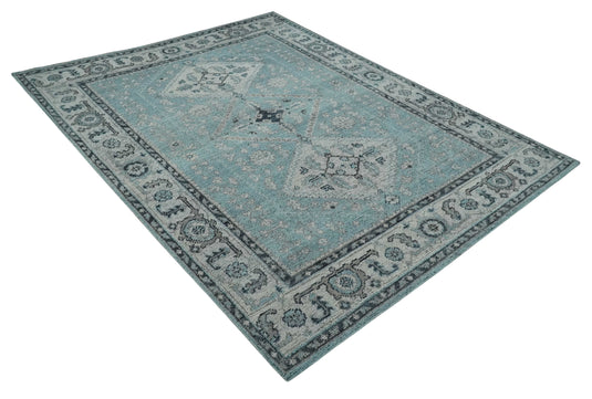 Traditional Antique Tribal Pattern Gray And Blue Hand Knotted 8x10 ft Bedroom, Living Room Rug Wool Area Rug