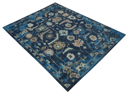Traditional Floral Pattern Blue, Beige, Peach and Navy Blue Hand Knotted 8x10 ft wool Area Rug