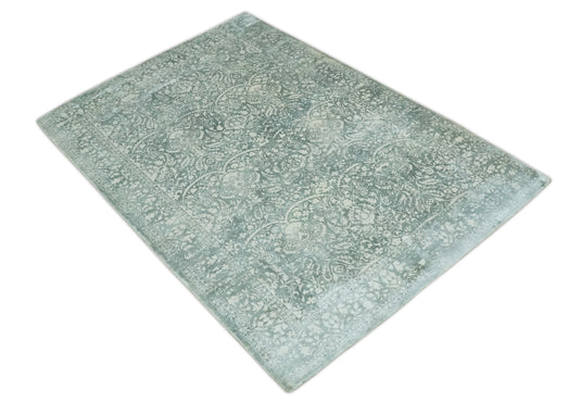Traditional Floral Green And Ivory Handloom 5.6x8 ft Bedroom, Living Room Rug Wool And Viscose Area Rug