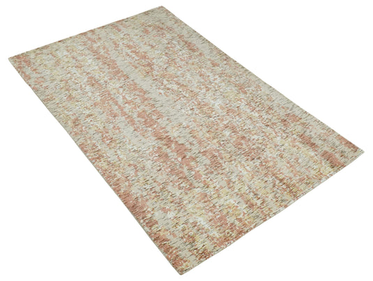 Modern Abstract Peach, Ivory, Gold and Beige Handloom 5x8 ft Bedroom, Living Room Rug Wool And Viscose Area Rug