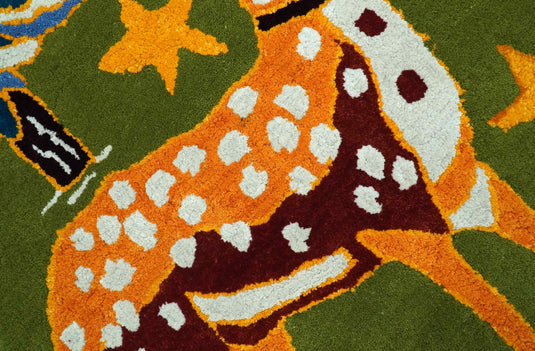 Reindeer Green, Gold And Brown Hand Tufted 2x3 ft Bedroom, Kids Room Rug Wool Area Rug