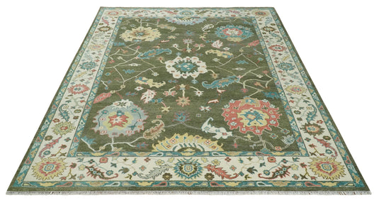 Traditional Oushak Green And Beige Hand Knotted Wool Rug 10x14 ft Ideal for Living, Bedroom And Dining Rooms