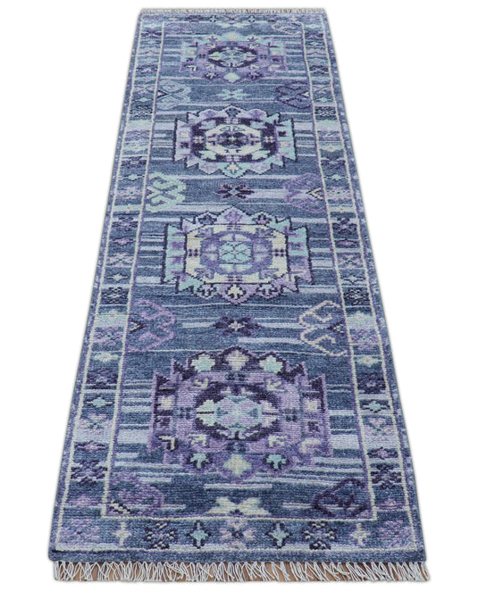 Traditional Transitional Design 2.6x8 ft Hand Knotted Purple Wool Area Rug