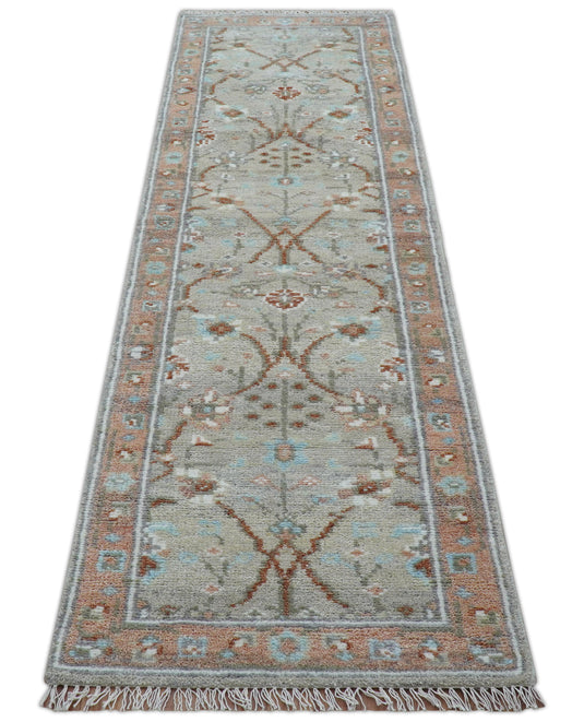 Traditional Turkish Design 2.6x10 ft Hand Knotted Silver And Rust Wool Area Rug