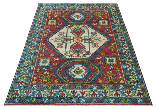 Custom Made Traditional Kazak Red And Ivory Hand Knotted Wool Area Rug