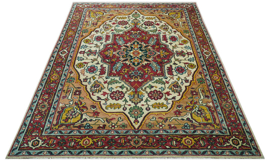 Traditional Heriz Design Rust And Ivory 9x12 Hand Knotted Wool Ideal for Living, Bedroom And Dining Rooms
