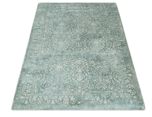 Traditional Floral Green And Ivory Handloom 5.6x8 ft Bedroom, Living Room Rug Wool And Viscose Area Rug