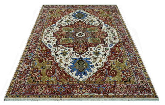 Hand Knotted Traditional Heriz Rust, Ivory, Blue, Green And Beige Wool Rug 9x12 ft Ideal for Living, Bedroom And Dining Rooms | CP2436912