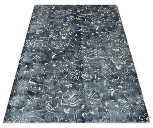 Charcoal, Ivory And Silver Handloom 5.6x8 ft Bedroom, Living Room Rug Wool And Viscose Area Rug