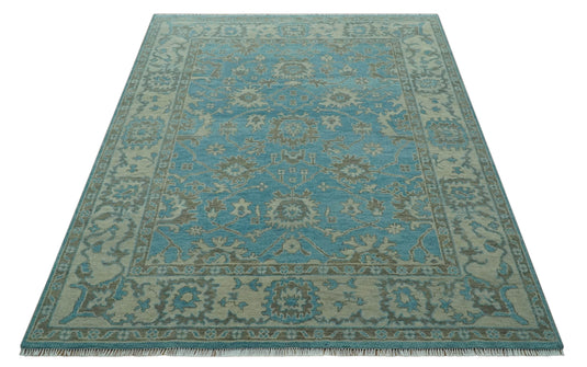 Traditional Oushak Teal, Gray And Charcoal Hand Knotted Wool Rug 8x10 ft Ideal for Living, Bedroom And Dining Rooms