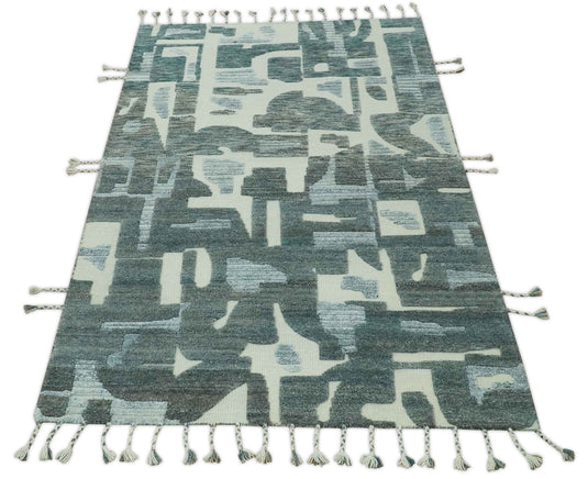 Modern Abstract Patten Ivory, Charcoal And Gray Hand Knotted 5x8 ft Bedroom, Living Room Rug Wool Area Rug